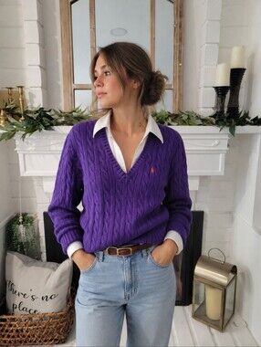 Ralph Lauren Purple Cable-Knit V-Neck Preppy Old Money Sweater with Orange Pony